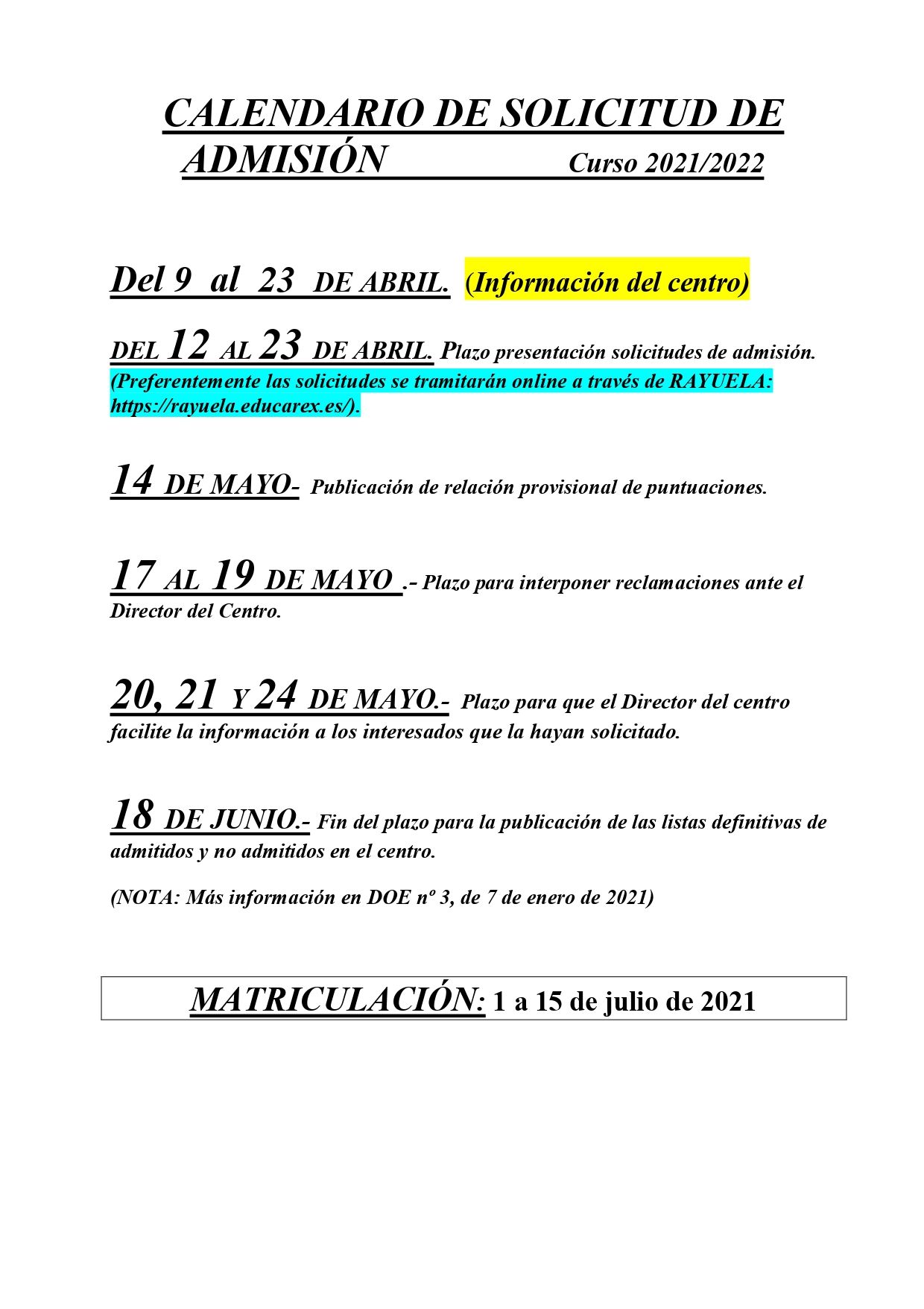 CALENDARIO DE ADMISIÓN Curso 2021 22 page 0001