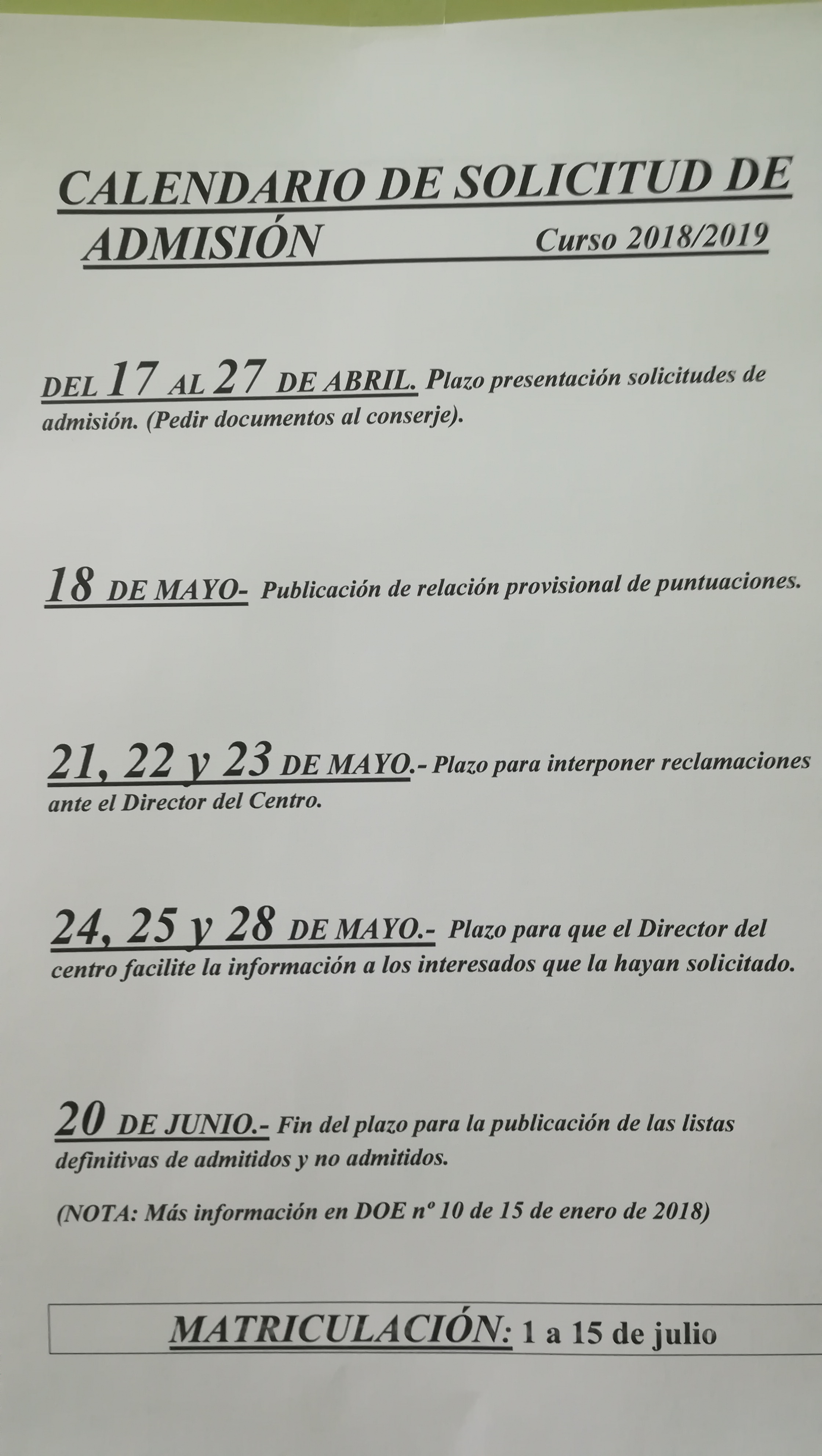 calendario admisión